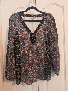 Nanette Lepore Floral V-Neck Blouse - Red, Blue, Green on Black